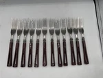 Vintage 1950's Stanley Deluxe Steak Fork Set Of 12 Forks Bakelite Open Handles. Fixed Price $17.47.